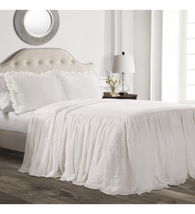 Decor Fırfırlı Etek Yatak Örtüsü Beyaz Vintage Şık Çiftlik Evi Tarzı Hafif 3 Parça Set, Queen