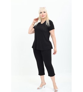 Kadın Siyah Taş Detaylı Kapri ve Tshirt Şık Viskon Penye Alt Üst Takım