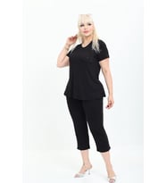 Kadın Siyah Taş Detaylı Kapri ve Tshirt Şık Viskon Penye Alt Üst Takım