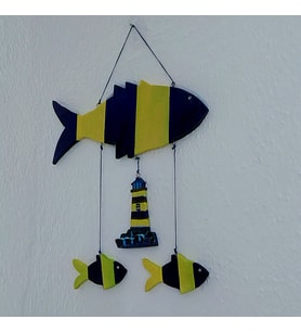 Sarı Lacivert Ahşap  Balık Duvar Süsü Sarkaç (Lacivert-Pastel Sarı)