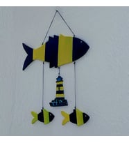 Sarı Lacivert Ahşap  Balık Duvar Süsü Sarkaç (Lacivert-Pastel Sarı)
