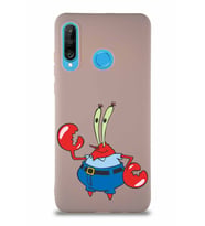 Huawei P30 Lite Soft Premier Kapak Bay Yengeç Tasarımlı Silikon Kılıf - Pudra (Şeffaf)