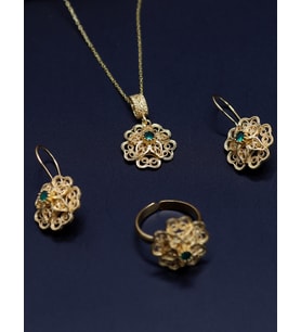 Zümrüt Taşlı Gül Model Kadın Gold Kaplama 925 Ayar Gümüş Telkari Üçlü Set 201025205