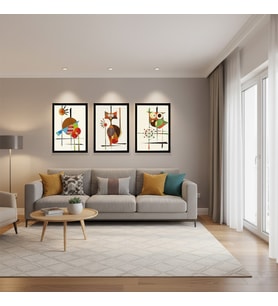 3 Parça Retro Geometrik Sanat Tablo Seti – Beyaz Çerçeveli Modern Salon ve Ofis Duvar Aksesuarı