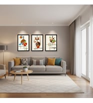 3 Parça Retro Geometrik Sanat Tablo Seti – Beyaz Çerçeveli Modern Salon ve Ofis Duvar Aksesuarı