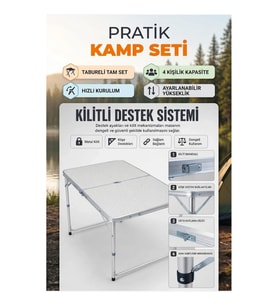 4 Kişilik Ayarlanabilir Katlanabilir Kamp Masası ve Tabure Seti 50-65 cm Yükseklik