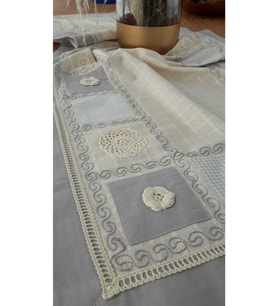 Mavi El Işi Patchwork Dantelli Naturel Runner