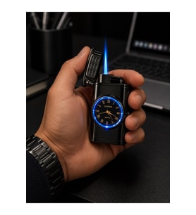 Premium Saatli LEDLİ Jet Alevli Metal Çakmak Özel Lüks Çakmak Prestij Hediye Dolu Gönderim Füme