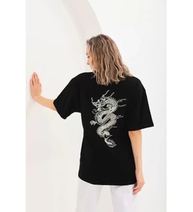Unisex Baskılı Oversize T-Shirt - Siyah