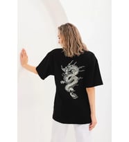 Unisex Baskılı Oversize T-Shirt - Siyah