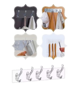 2 Adet Kendinden Yapışkanlı 5'li Şeffaf Mutfak Askısı Şeffaf Banyo Askısı Yapışkanlı Askı