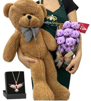 Fotoğraflı Hediye Seti - Renkli Anka Kuşu Kolyeli, 7'li Ayıcık Buketli ve Kahve Peluş Ayıcıklı Set (Model 3)