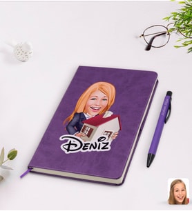 BK Gift Kişiye Özel Kadın Emlakçı Karikatürlü Mor Termo Deri Defter Kalem Seti Model 1