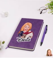 BK Gift Kişiye Özel Kadın Emlakçı Karikatürlü Mor Termo Deri Defter Kalem Seti Model 1