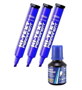 Mavi Kesik Uçlu Markör Permanent Kalem 3 Adet Hı-Text Marker Mürekkep Siyah 30 Ml 1 Adet Brons Koli Kalemi