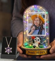 Size Özel Renkli Led Işıklı Pandalı Fanus ve Ametist Taşlı Lotus Kolye