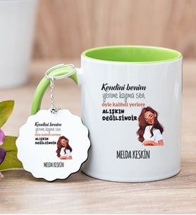 Kişiye Özel Alışıkın Değilsindir Tasarım Esprili Yeşil Kupa Bardak ve Anahtarlık