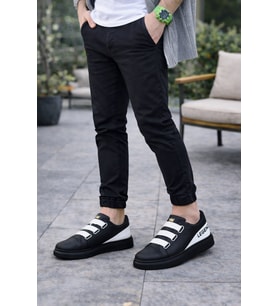 Onom Bağcıksız 3 Bantlı Lastikli Legend Cilt Erkek Günlük Sneaker Ayakkabı CST - Siyah/Beyaz