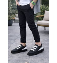 Onom Bağcıksız 3 Bantlı Lastikli Legend Cilt Erkek Günlük Sneaker Ayakkabı CST - Siyah/Beyaz