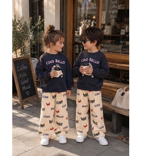 Ciao Bello Baskılı Lacivert Sweatshirt ve Desenli Eşofman Altı Unisex 3ip Alt Üst Takım
