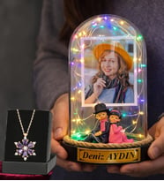 Kişiye Özel Renkli Led Işıklı Sırt Sırta Fanus ve Gerçek Ametist Taşlı Lotus Kolye