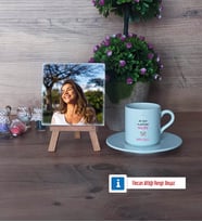 Doğum Günü Hediyesi Fotoğraflı Dekoratif Taş, Ahşap Altlıklı Türk Kahvesi Fincanı Hediye (Model 2)