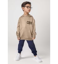 Erkek Çocuk Cool Boy Çift Baskılı Cepli Kapüşonlu Bej Sweatshirt Eşofman Takım