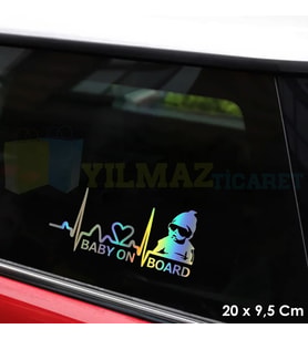 Arabada Bebek Var Kalp Ritim Renkli Hologram Cam Oto Sticker Etiket Çıkartma Yapıştırma 20 x 9,5 Cm