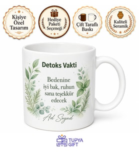 Detoks Vakti Yazılı Sağlıklı Yaşam Tasarımlı Seramik Kahve Kupası Hediye