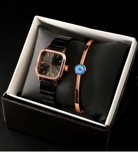 Spectrum Kare Kadranlı Rose Gold Detaylı Siyah Kadın Kol Saati& Rose Gold Kaplama Nazar Göz Detaylı Kelepçe Bileklik