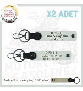 Biker Stiline Uygun İsim Plaka ve 0 + Kan Grubu Yazılı Acil Durum x2 Deri Anahtarlık Seti, Beyaz-SK (Çok Renkli)