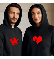 Sevgililer Günü Kombin Erkek Kadın Puzzle Görselli Kapüşonlu Hoodie Sweatshirt 7013 (Siyah)