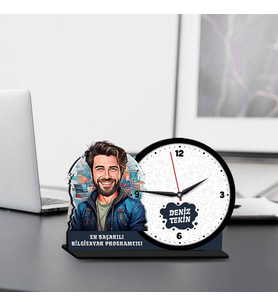 Erkek Bilgisayar Programcısına Hediye Karikatürlü MDF Masa Saati