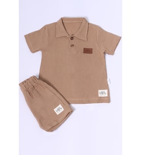 ERKEK BEBEK ŞORTLU TAKIM POLO YAKA DÜĞMELİ DÜZ RENK E8 (Kahverengi)