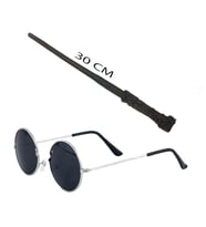 Harry Potter Asası 30 cm ve Siyah Metal Çerçeveli Harry Potter Gözlüğü Seti