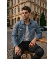 Erkek Likralı Jean Ceket Mavi
