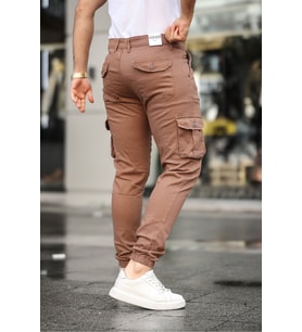 Slim Fit Körüklü Cep Paça Lastikli Esnek Kumaş Erkek Kargo Pantolon (Kahverengi)