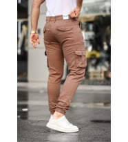 Slim Fit Körüklü Cep Paça Lastikli Esnek Kumaş Erkek Kargo Pantolon (Kahverengi)