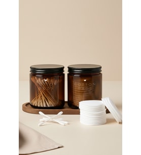 Ahşap Standlı Amber Cam Banyo Organizer Seti – COTTON BUDS & COTTON PADS Yazılı – 2'li Set / 250 ml