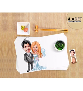 BK Gift Kişiye Özel Evleniyoruz Karikatürlü 4 Adet Amerikan Servis Seti-5 (Beyaz)