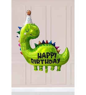 Şapkalı Yeşil Dinazor Balon Happy Birthday Yazılı Dinozor Folyo Balon