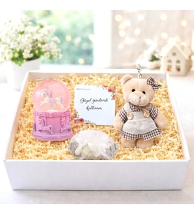 Mini Işıklı Unicorn Kar Küresi Elbiseli Ayıcık Anahtarlık  Mini Nişan Tepsisi Kutulu Hediye Seti