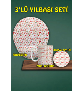 Yılbaşı Temalı 3'lü Bilek Destekli Mousepad Kupa Ve Bardak Altlığı Seti
