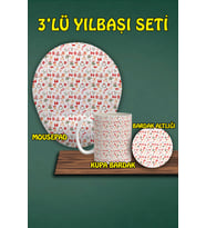 Yılbaşı Temalı 3'lü Bilek Destekli Mousepad Kupa Ve Bardak Altlığı Seti