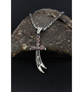 Kırmızı Zirkon Taş Süslemeli Hz. Ali Zülfikar Kılıcı Gümüş Kolye Kral Zincir 2Mm 901844