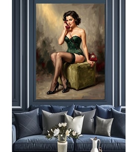 Yeşiller İçinde Pin-Up Kadın Figürü Dekoratif Kanvas - Mdf Ahşap Tablo