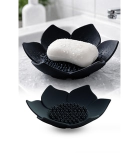 Lotus Desenli Sabun Ve Sünger Tutacağı Silikon (SİYAH) Su Giderli Lotus Şekilli Şık Katı Sabunluk