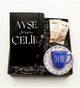 Kişiye Özel Siyah Defter &Kişiye Özel  Desenli Mavi Fincan &Kişiye Özel  Siyah Roller Kalem & Mehmet Efendi Türk Kahvesi Hediye Seti