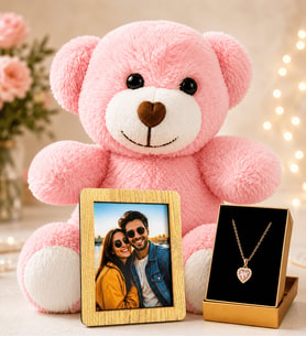Kişiye Özel Fotoğraflı Pembe Peluş Ayıcık ve Pembe Taşlı Kalp Kolye Hediye Seti Kadına Sevgiliye Hediye