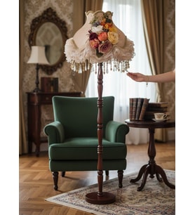 Vizon Kadife Kaplı 3D Çiçek Süslemeli Şık Başlık Ahşap Ayak Klasik Lambader 170x45cm